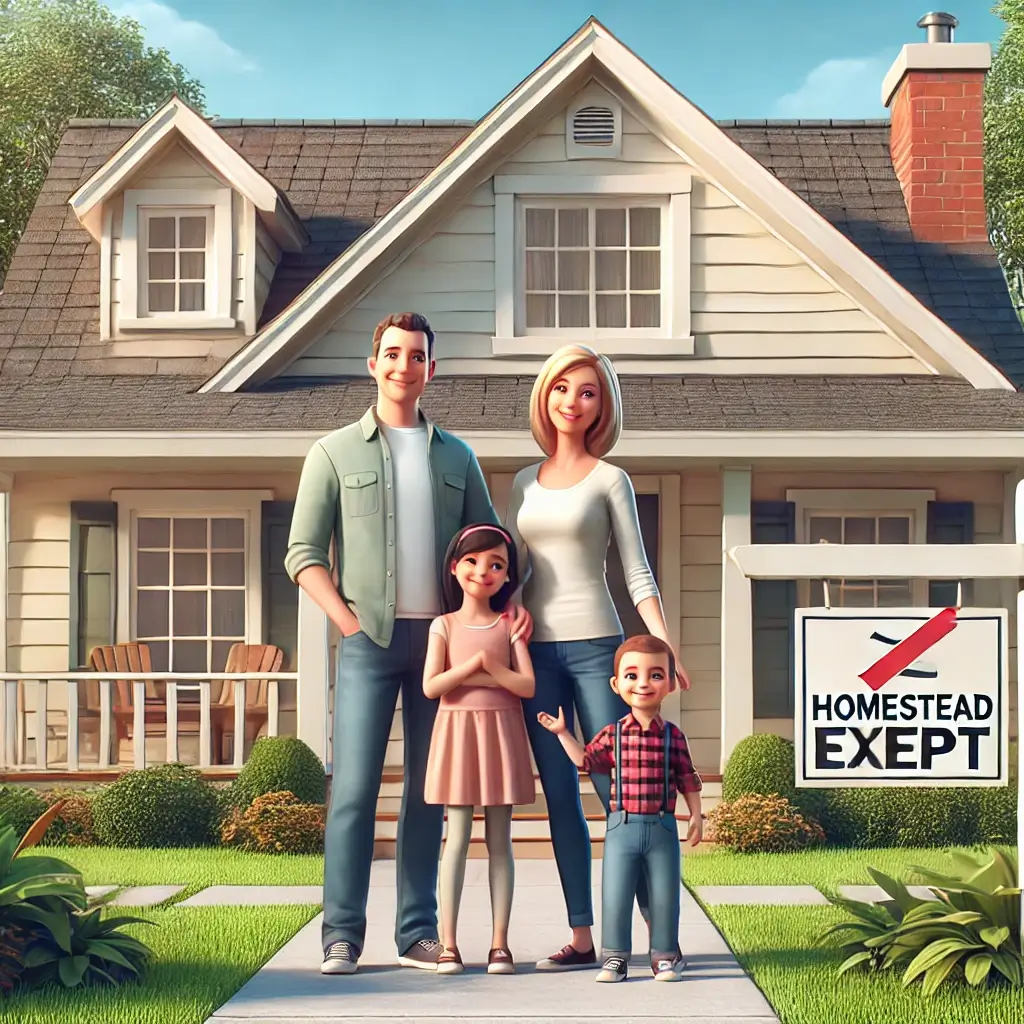 A cozy suburban house with a prominent sign that reads 'Homestead Exempt.' In front of the house stands a happy family of four—two parents and two chi
