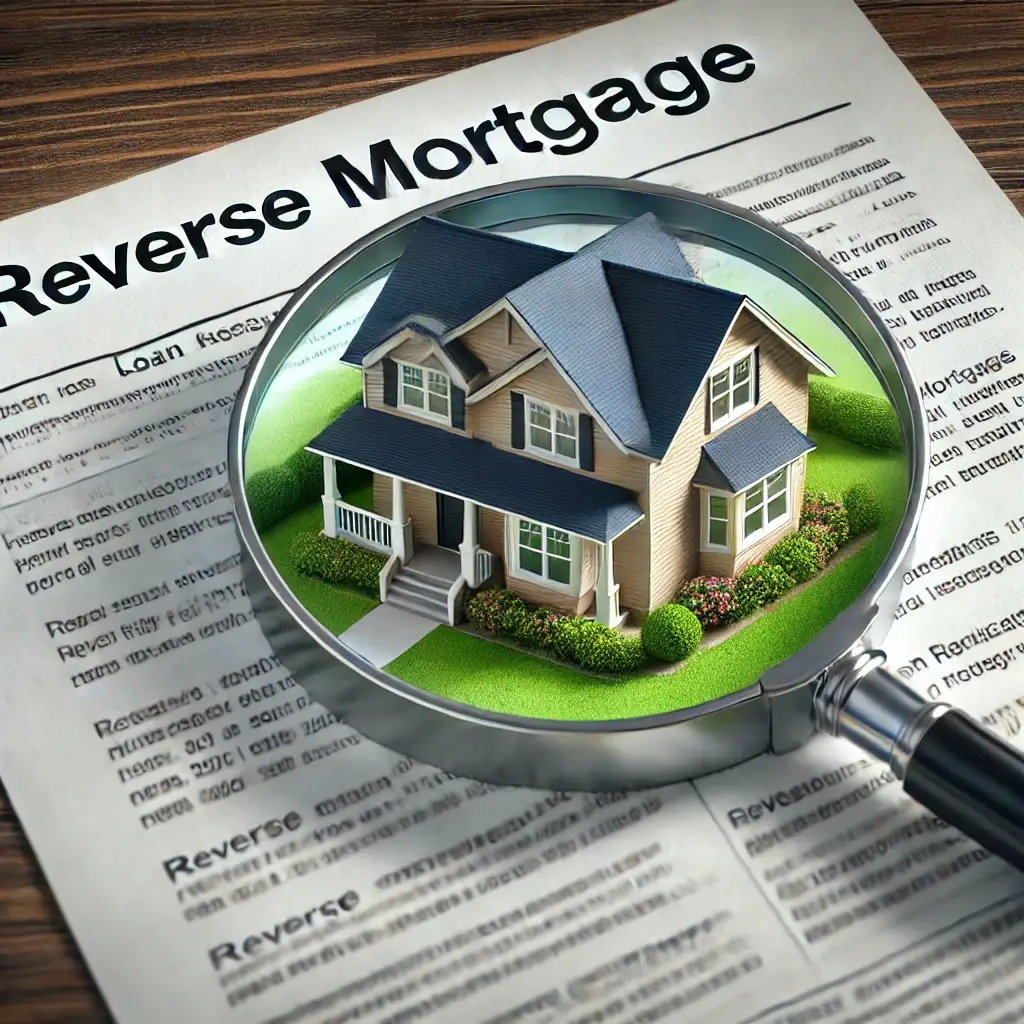 A house with a reverse mortgage label, showing a magnifying glass over loan documents.
