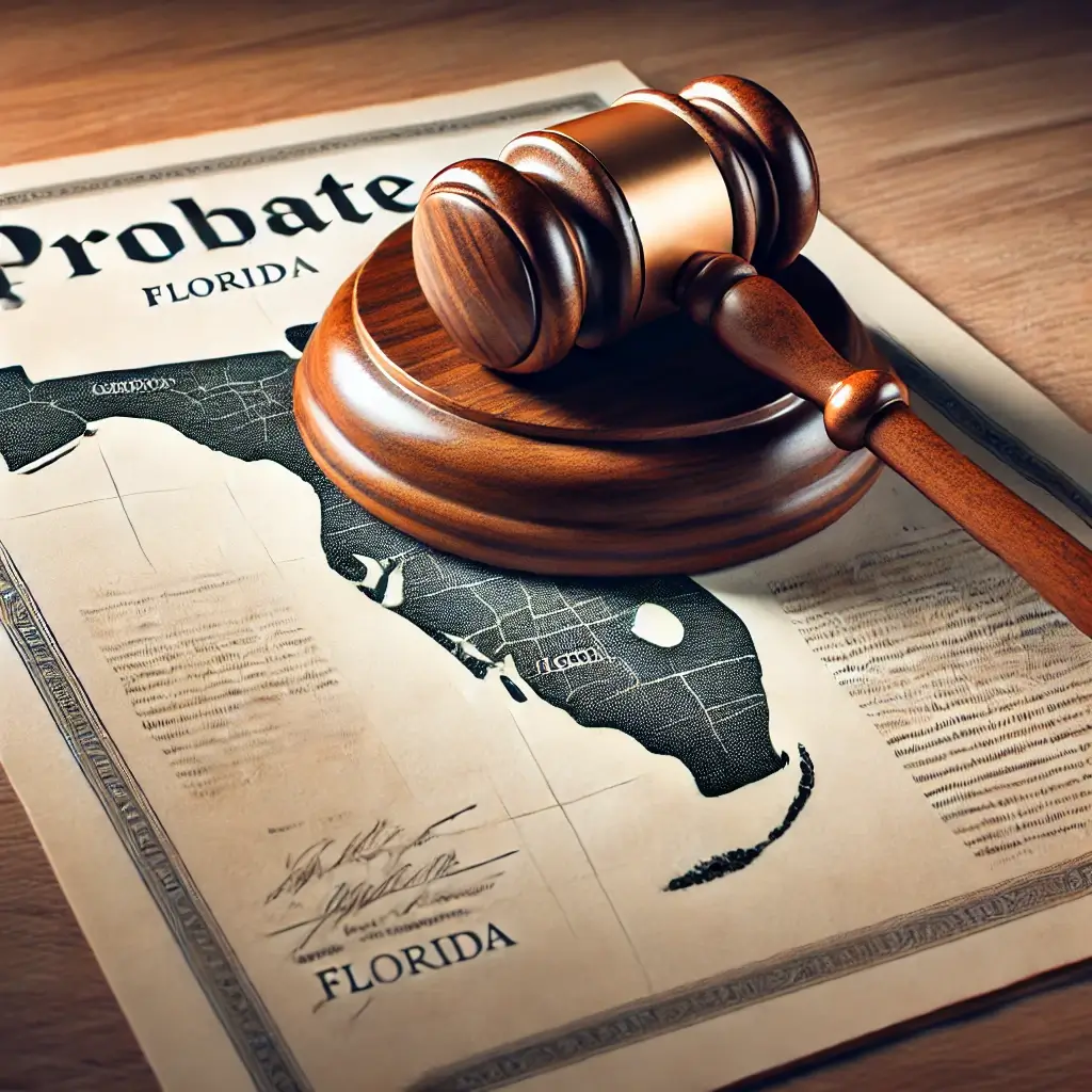Formal Administration in Florida - A judge’s gavel placed on top of probate documents with a Florida map overlay.