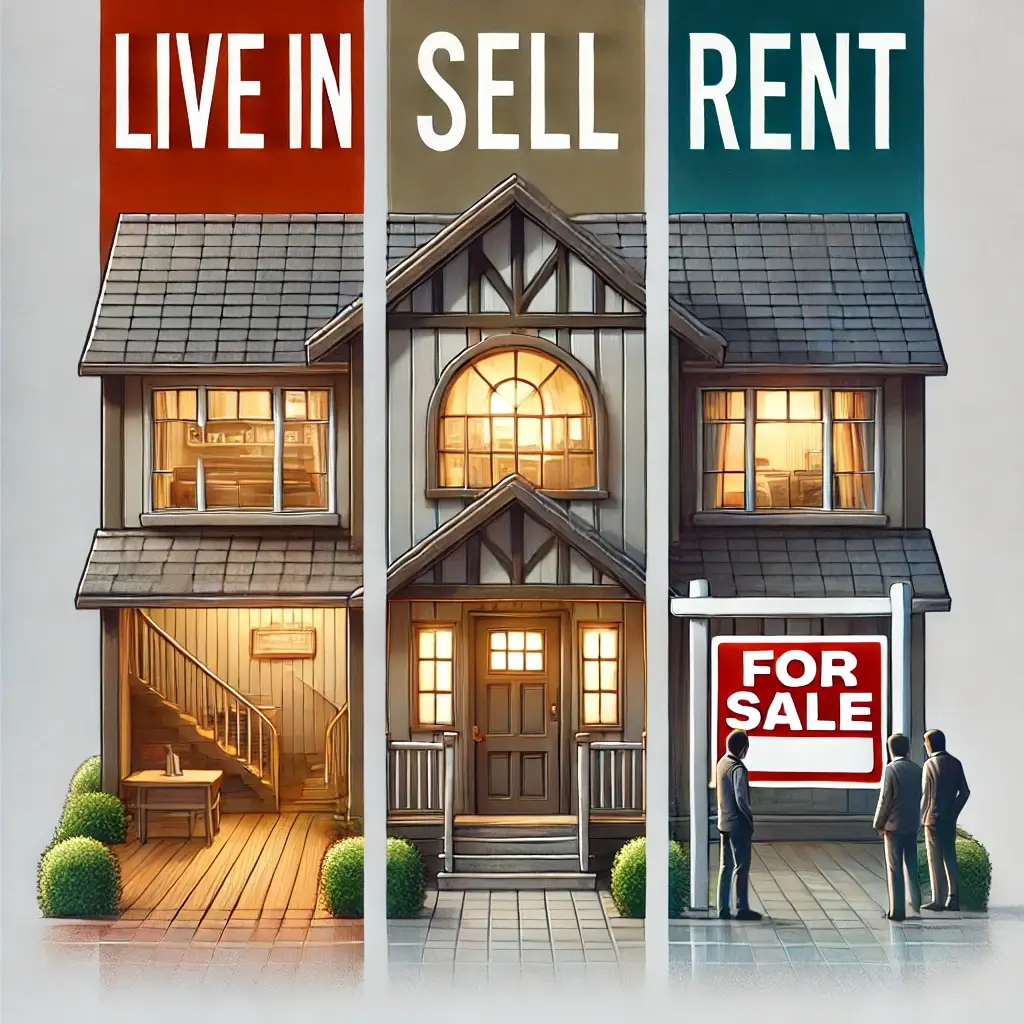 A split image showing three options Live In, Sell, and Rent with a house illustration.