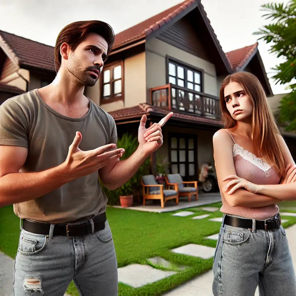 Remove Siblings from Deceased Parent’s Home. Two adult siblings arguing in front of a family house. One sibling is pointing towards the house while the other crosses their arms, clearly frustrate