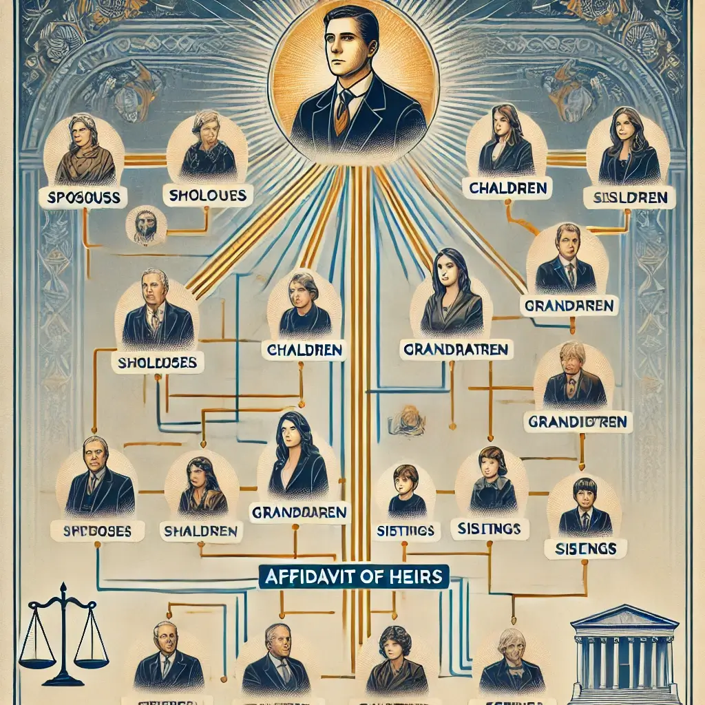 An alternative family tree diagram for the affidavit of heirs process. Starting with the deceased individual at the top, branches extend to spouses