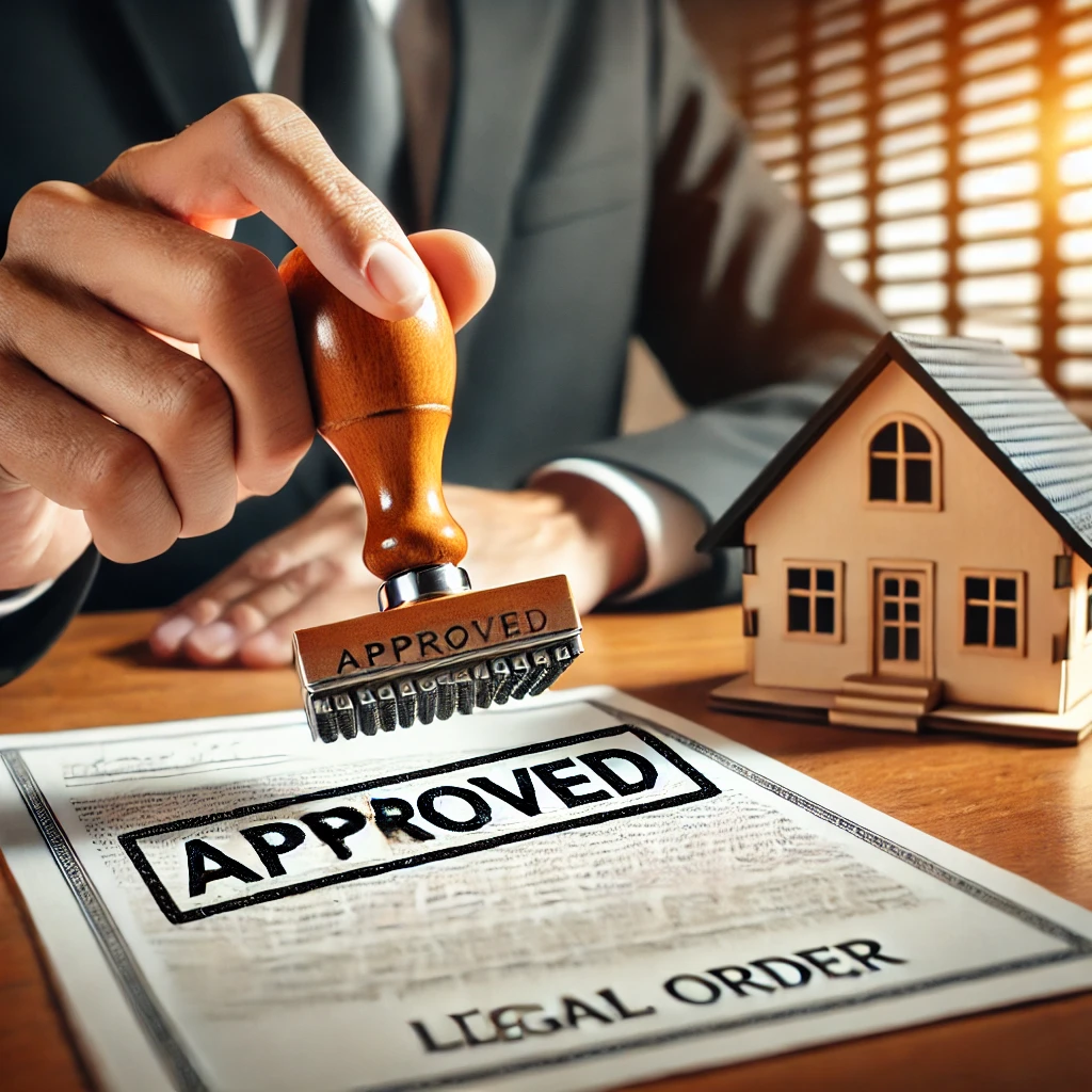 A judge stamping 'Approved' on a legal order with a house in the background. The judge's hand firmly holds the stamp, pressing it onto an official doc
