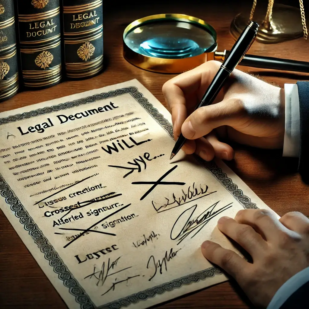 Florida Will and Trust Fraud: A hand editing a legal document with visible corrections and altered signatures, symbolizing will tampering.