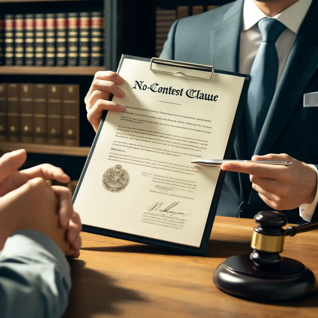 Estate lawyer explaining how a no-contest clause prevents inheritance disputes.