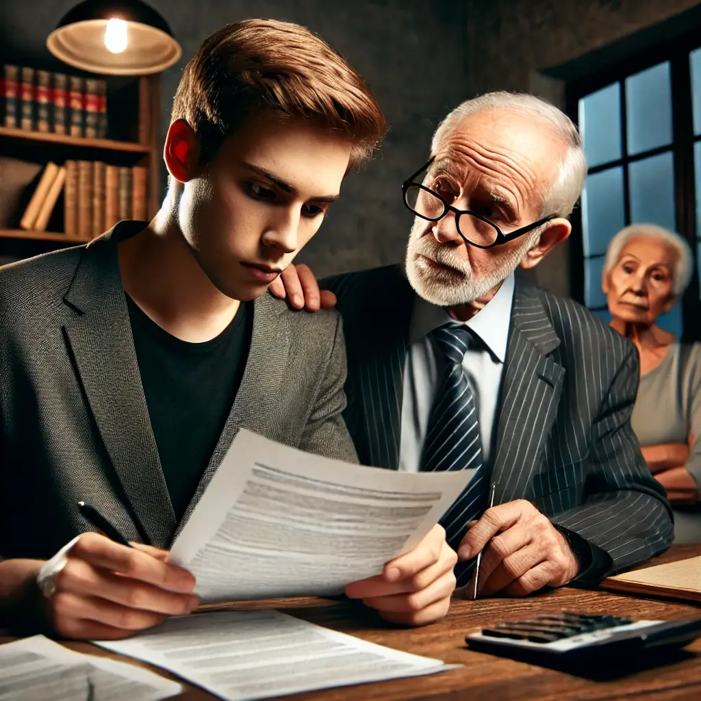 A stepson looking at financial documents with a calculating expression, while an elderly parent sits nearby with a concerned look.
