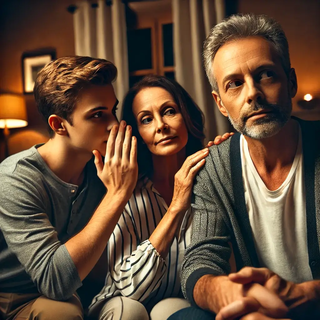 Greedy stepson influencing his mother against stepfather to manipulate inheritance.