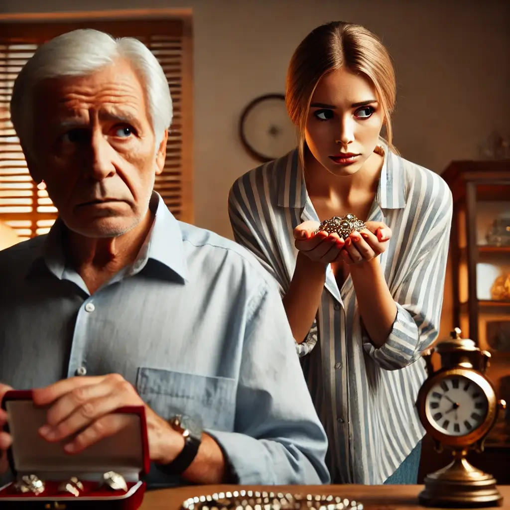 Elderly person concerned while a stepdaughter observes valuable assets in the home, symbolizing potential inheritance manipulation.