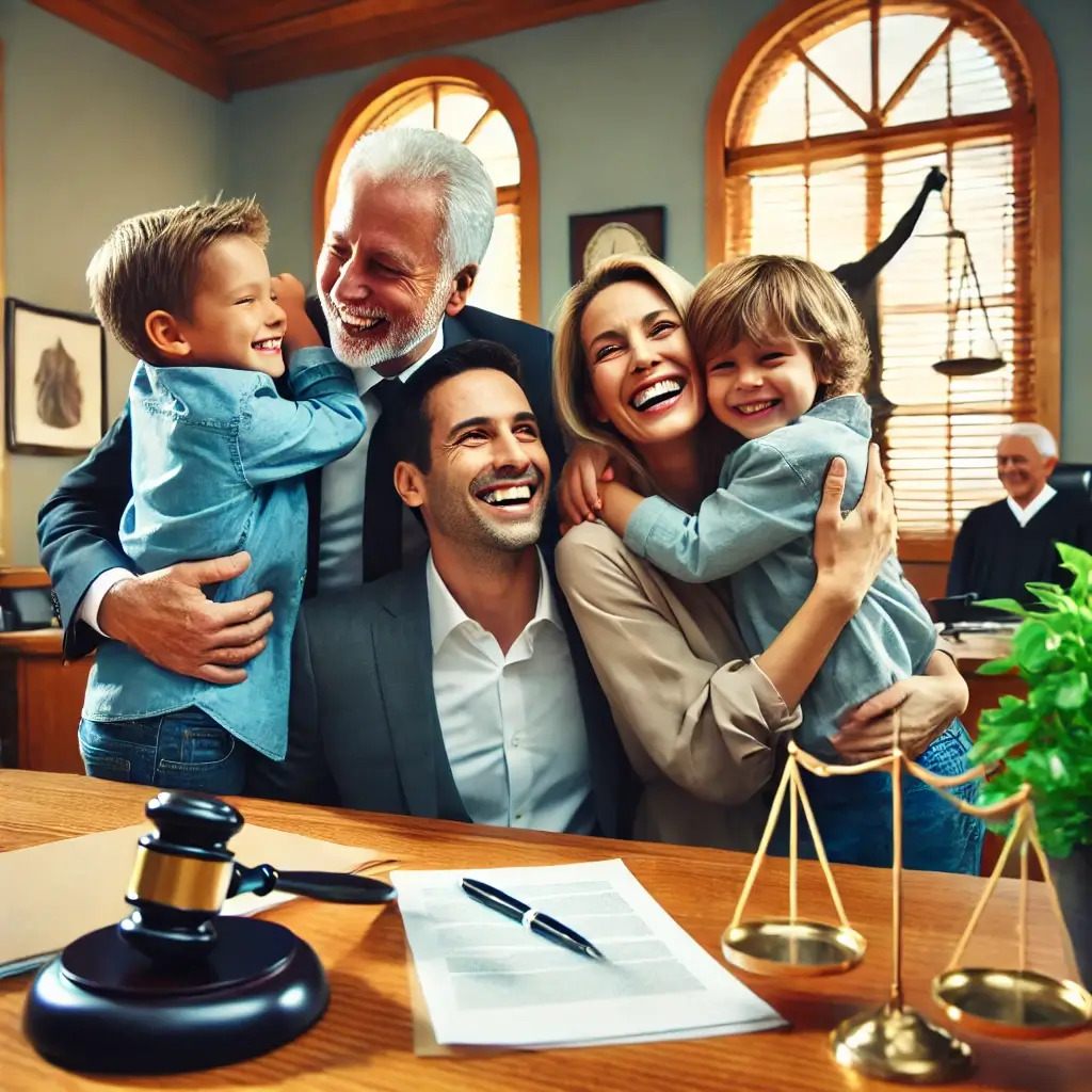 Florida Will and Trust Fraud - A happy family celebrating after winning a legal case. The family, consisting of parents and children, embraces joyfully