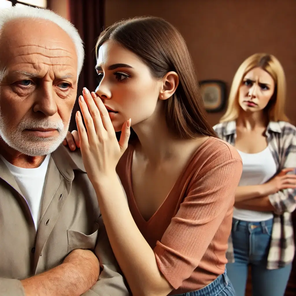 Stepdaughter whispering to an elderly parent while a frustrated biological child watches, illustrating inheritance influence tactics.