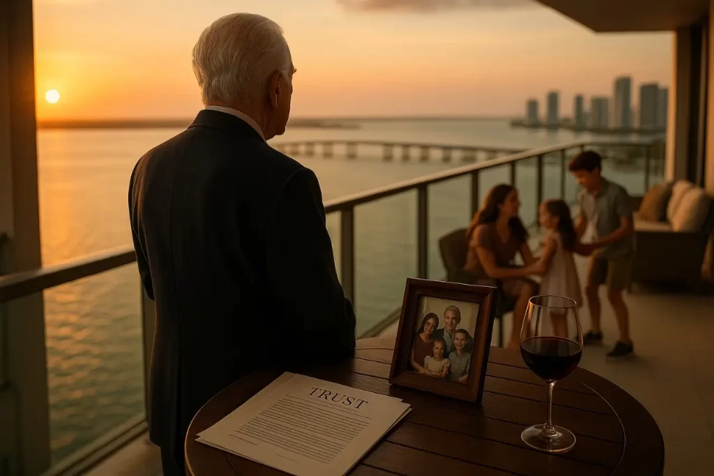 A dignified elderly man (Patriarch) looking out over Biscayne Bay from a Miami high-rise balcony.