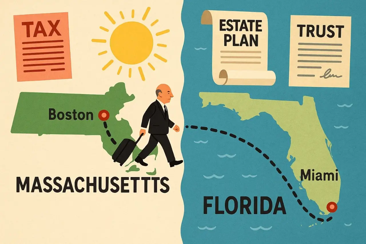 Massachusetts to Florida estate planning map showing relocation for tax savings.
