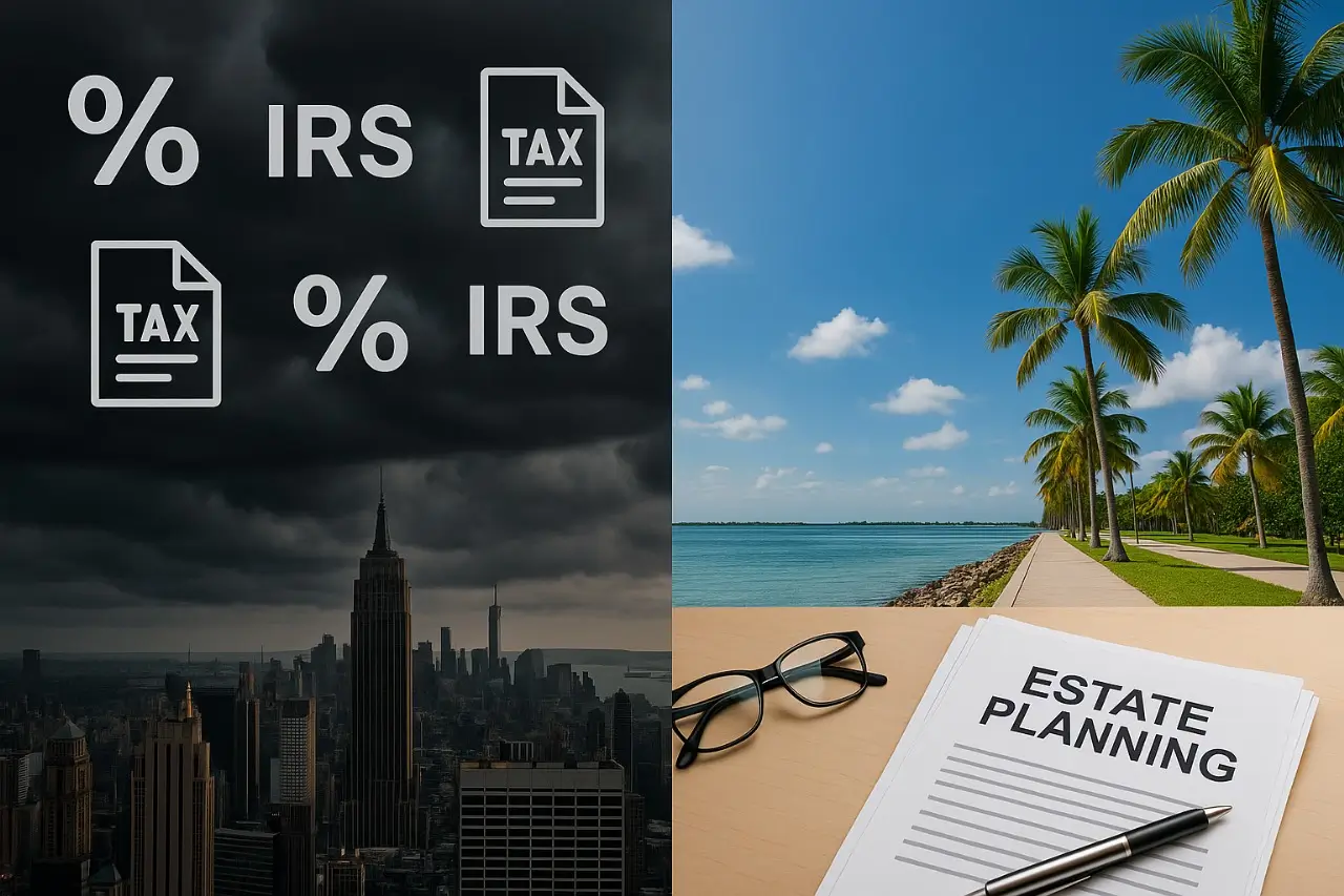 New York to Florida estate planning visualized with skyline and trust documents