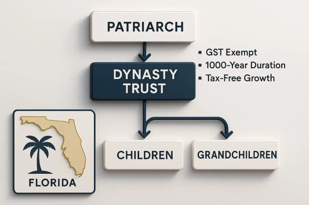 Visual diagram of a Florida-based dynasty trust, with arrows connecting a patriarch to a trust and beneficiaries like children and grandchildren