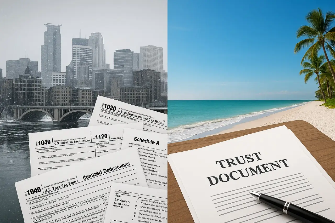 Minnesota to Florida estate planning visual contrast of taxes and legacy protection.