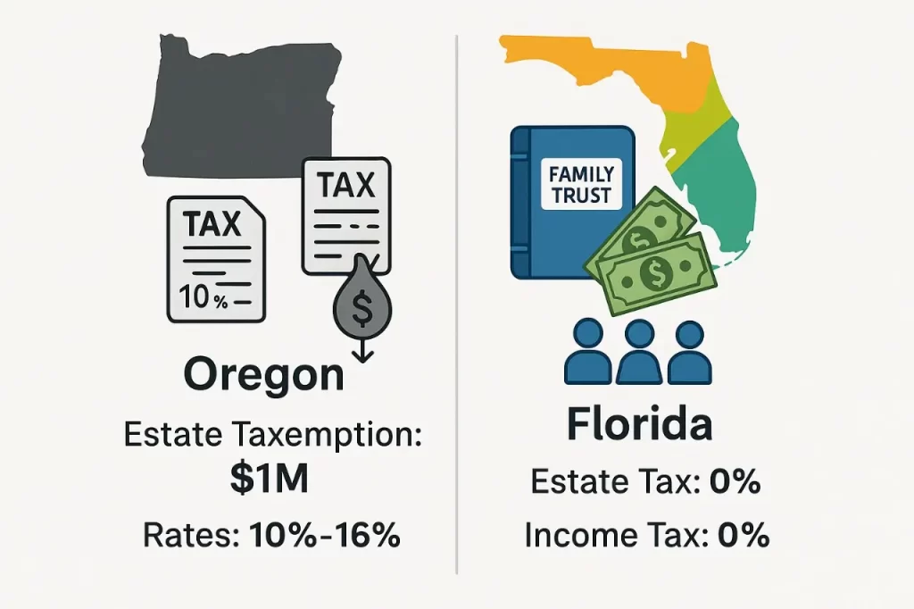 Oregon to Florida estate planning tax comparison chart for wealthy families.