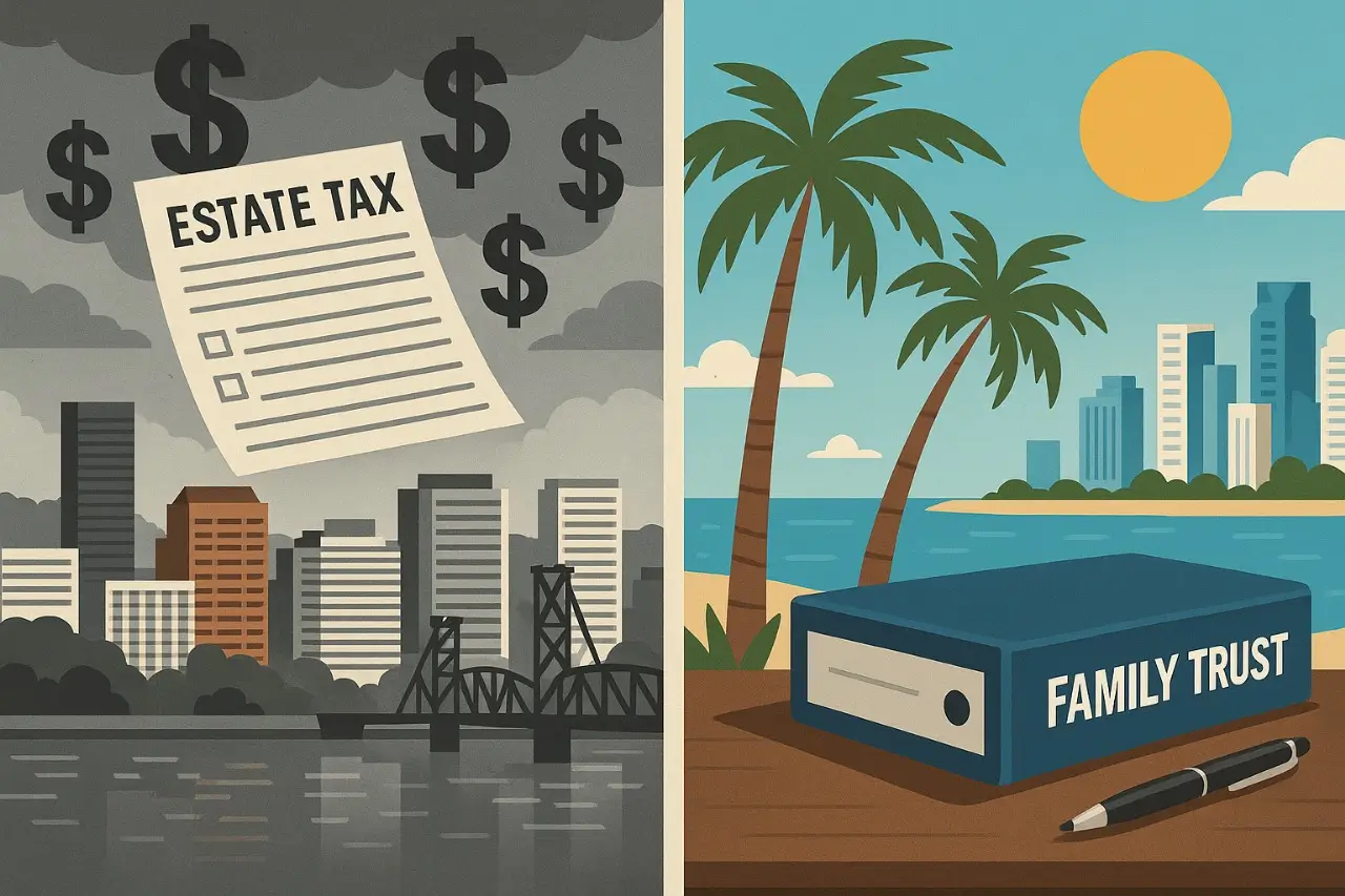 Oregon to Florida estate planning visual—tax burden vs wealth protection.